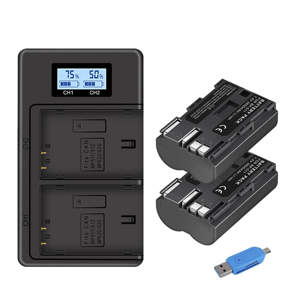 CITYORK 2 Pack 2650mAh BP-511 Akku + Dual LCD USB Ladegerät für Canon BP-511 BP-511A Canon EOS 5D, 50D, 40D, 20D, 30D, 10D, Digital Rebel, D60, 300D, D30
