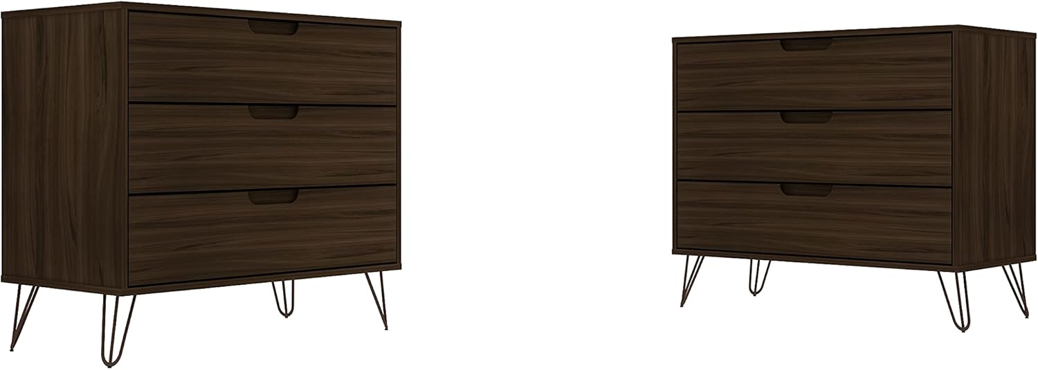 Manhattan Comfort Rockefeller 3-Drawer Dresser Set of 2, Entryway Wood Storage Cabinet, 32 Inch TV Stand Console Table, Anti Tip Kit Included for Bedroom, Nursery, Dorm, Living Room in Brown