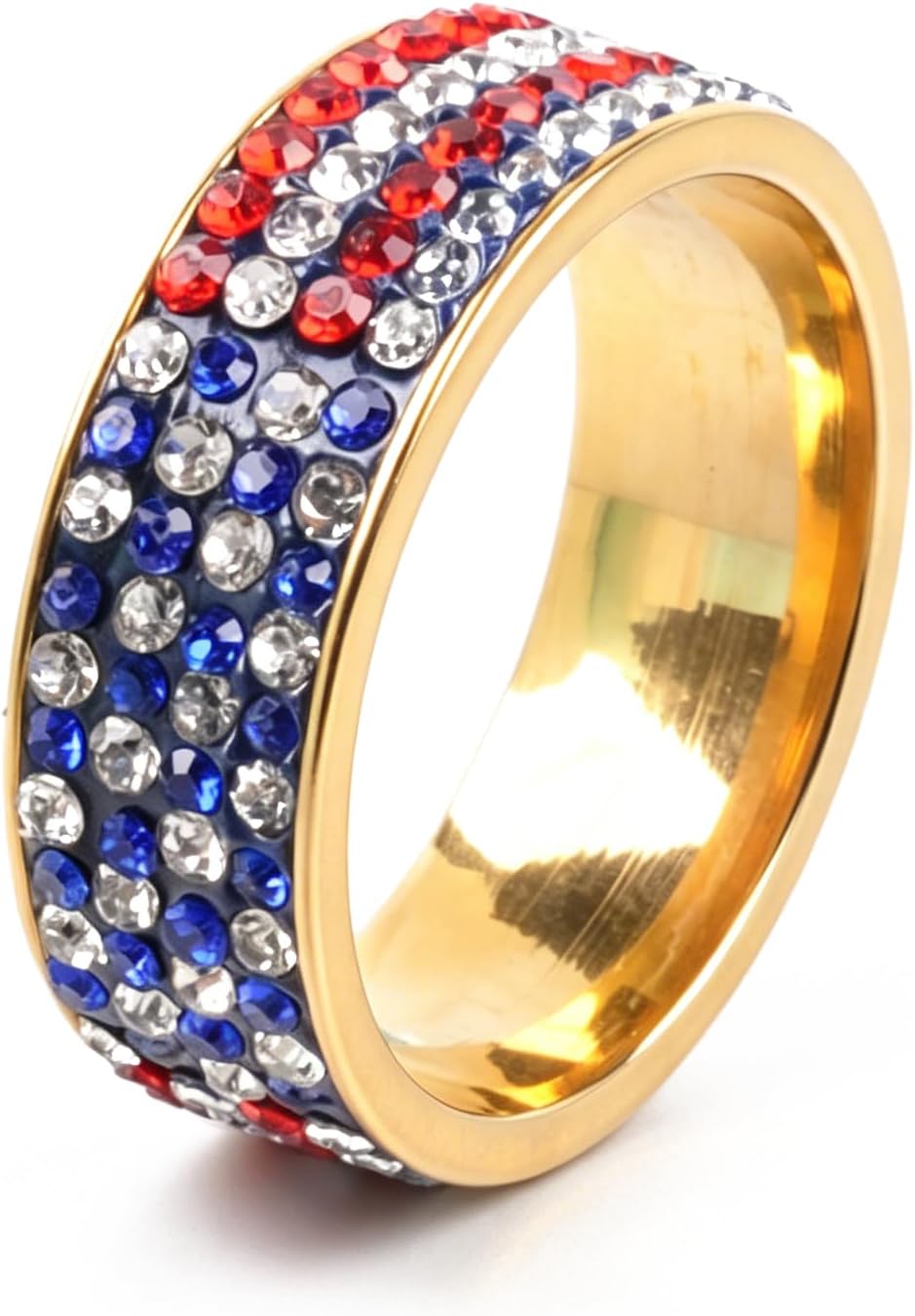 Patriotic American Flag Ring for Women Men – Rhinestone Crystal USA Flag Stainless Steel Band