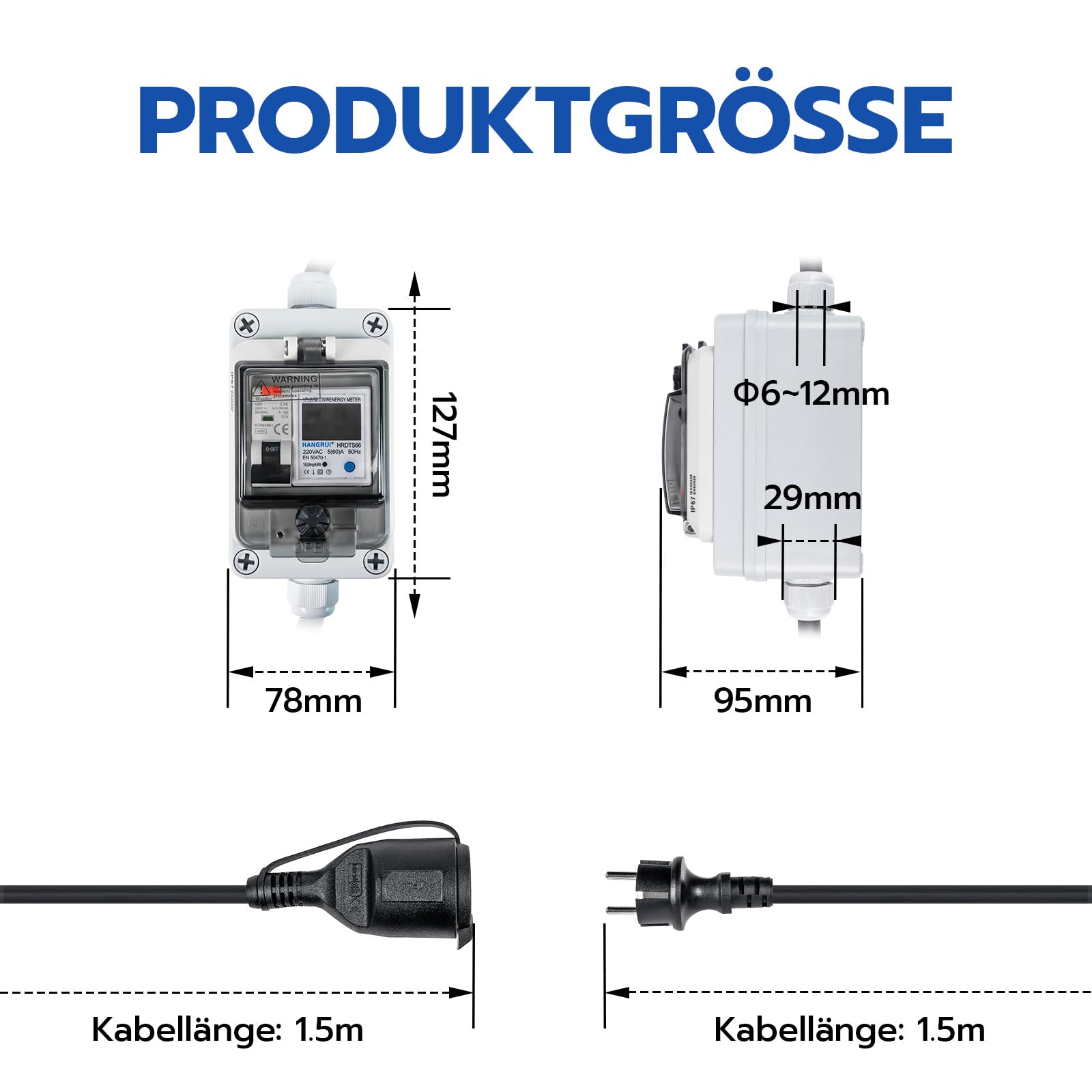 230VAC 16A Mobiler Digitaler Stromzähler für Steckdose mit FI Schutzschalter Typ A,230V IP44 Schuko Stecker,Zwischenzähler Strom mit IP67 Stromzählergehäuse