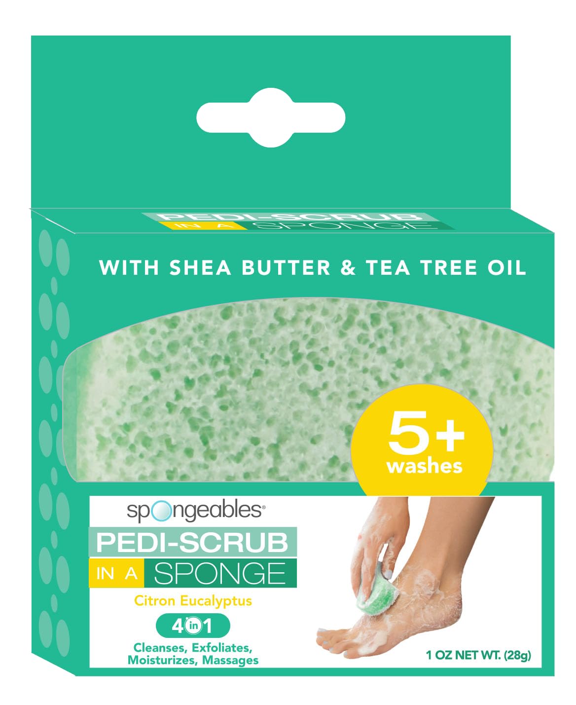 Spongeables Pedi-Scrub Foot Exfoliating Sponge with Heel Buffer and Pedicure Oil, Citron Eucalyptus, Contains Shea Butter & Tea Tree Oil, 5+ Washes, Green