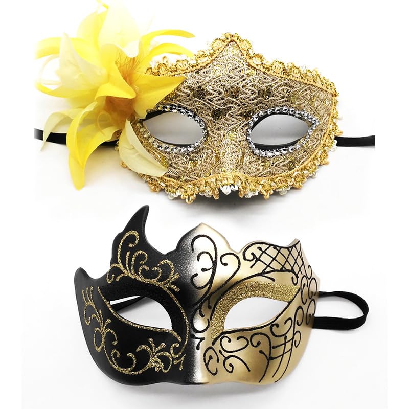 Masquerade Masks, 2 Pack Halloween Masquerade Mask, Couples Masquerade Mask for Women & Man, Feather Gold Lace Party Mask, Masquerade Masks for Carnival Prom Ball Fancy Dress Party Supplies