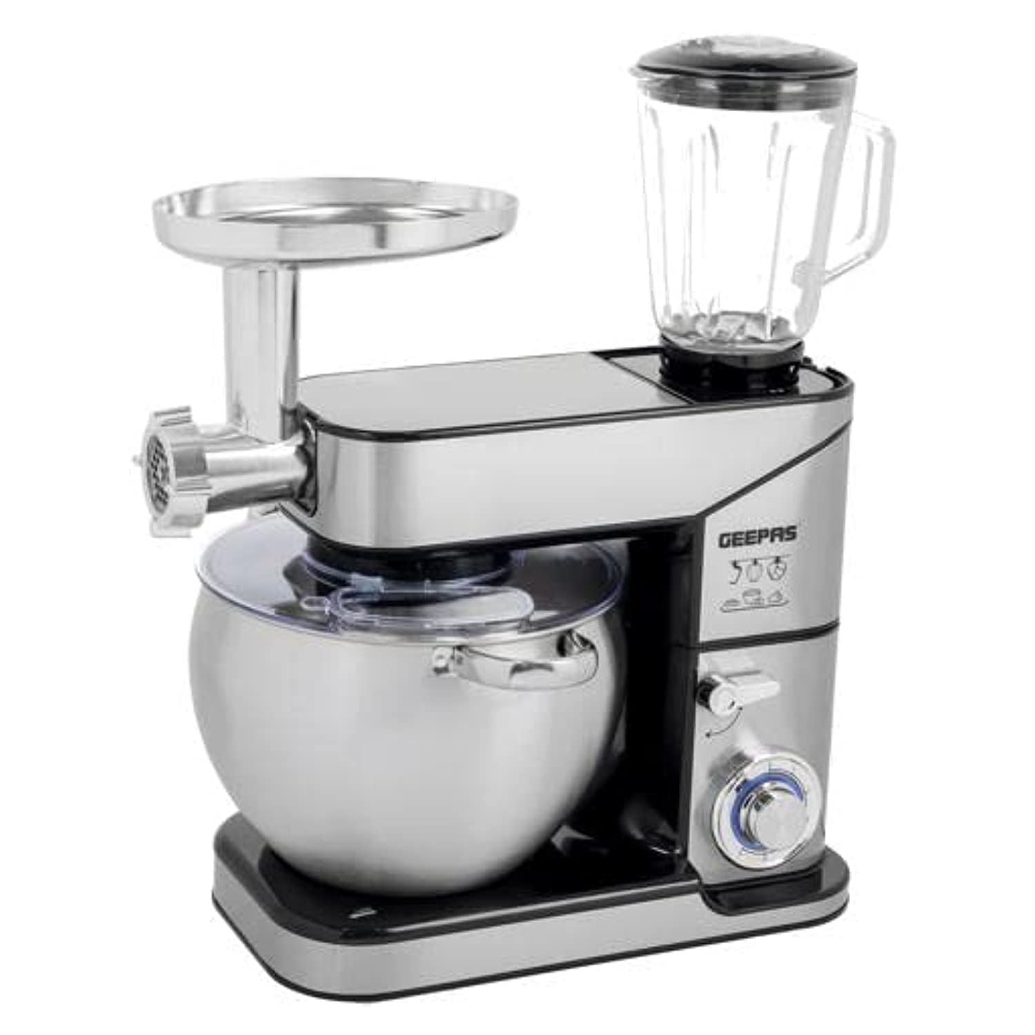 Geepas Multi Function Kitchen Machine, 10L Steel Bowl, 1.5L Glass Blender Jar Meat Grinder 6 Speed Control Kitchen Electric Mixer With Dough Hook, Whisk, Beater, Silver Gsm43044