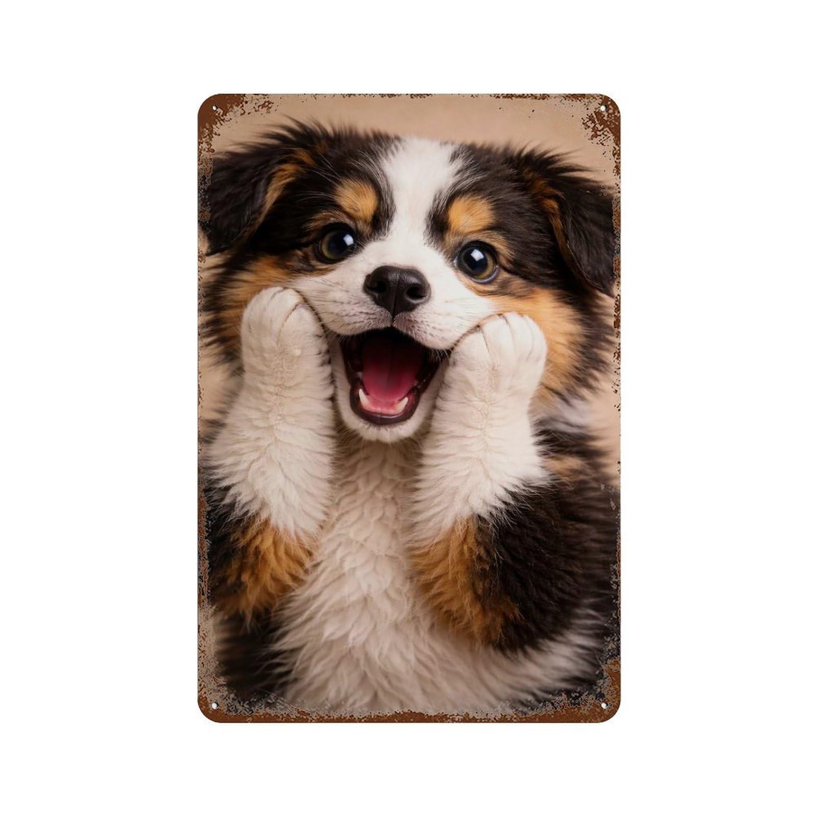 Adorable Puppy Smiling with Paws Aged Metal Wall Plaque 11.8"x7.9", Classic Wall Plaque for Garage, Pub Or Kitchen
