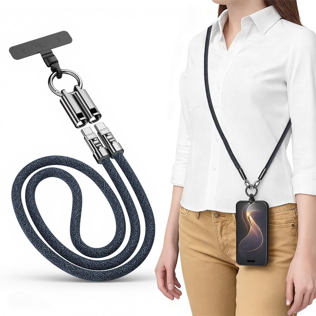 Verilux® Multifunctional TYPE C Charging Cable 3.9ft Phone Sling Strap with Tether Tab, PD 240W Charging Cable Data Cable Fashion Nylon Braided Travel Phone Neck Strap-image-45