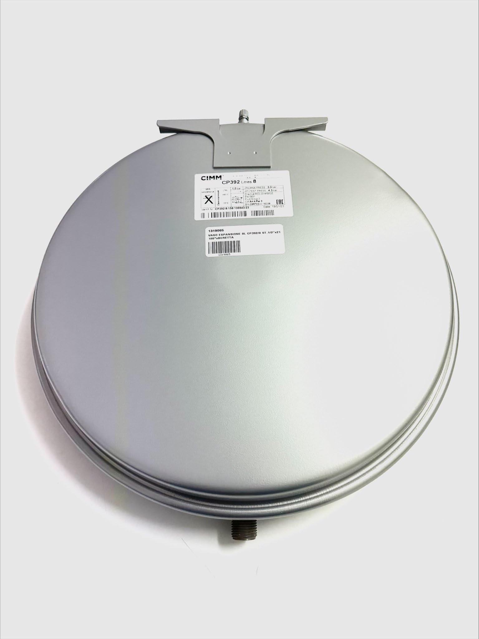 Vaso Espansione per Caldaie Murali Circolare Piatto 8 Litri Diametro 39,2 cm Attacco 1/2"x21 Valvola 180° con Staffa