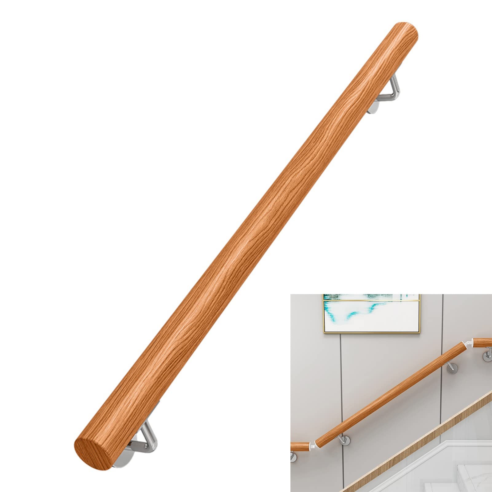 1ft-20ft Wooded Handrail Complete Kit, Indoor Outdoor Staircase Railing Non-Slip Wall Mount Stair Banister, Kindergarten Guardrail Corridor Stair Hand Grab Rail (Color : A, Size : 20ft/600cm)
