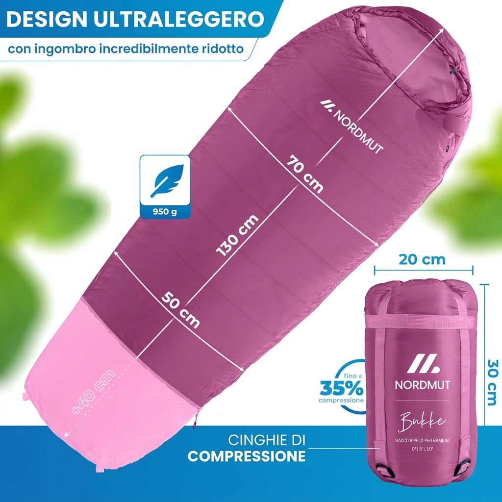 NORDMUT® Sacco a pelo bambini – Cresce con il bambino per protezione –per bambini in materiali non tossici – Sacco a pelo 3 stagioni (200 GSM) per avventure outdoor