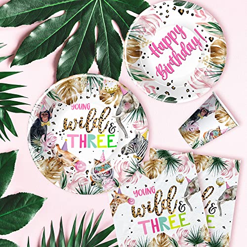 Apowbls Jungle Safari 3Rd Birthday Party Supplies - Young Wild And Three Decorations Girl Tableware, Plates, Cups, Napkins, Wild Animal 3-Year-Old Birthday Party Supplies Dinnerware | Serves 48 #TOP2