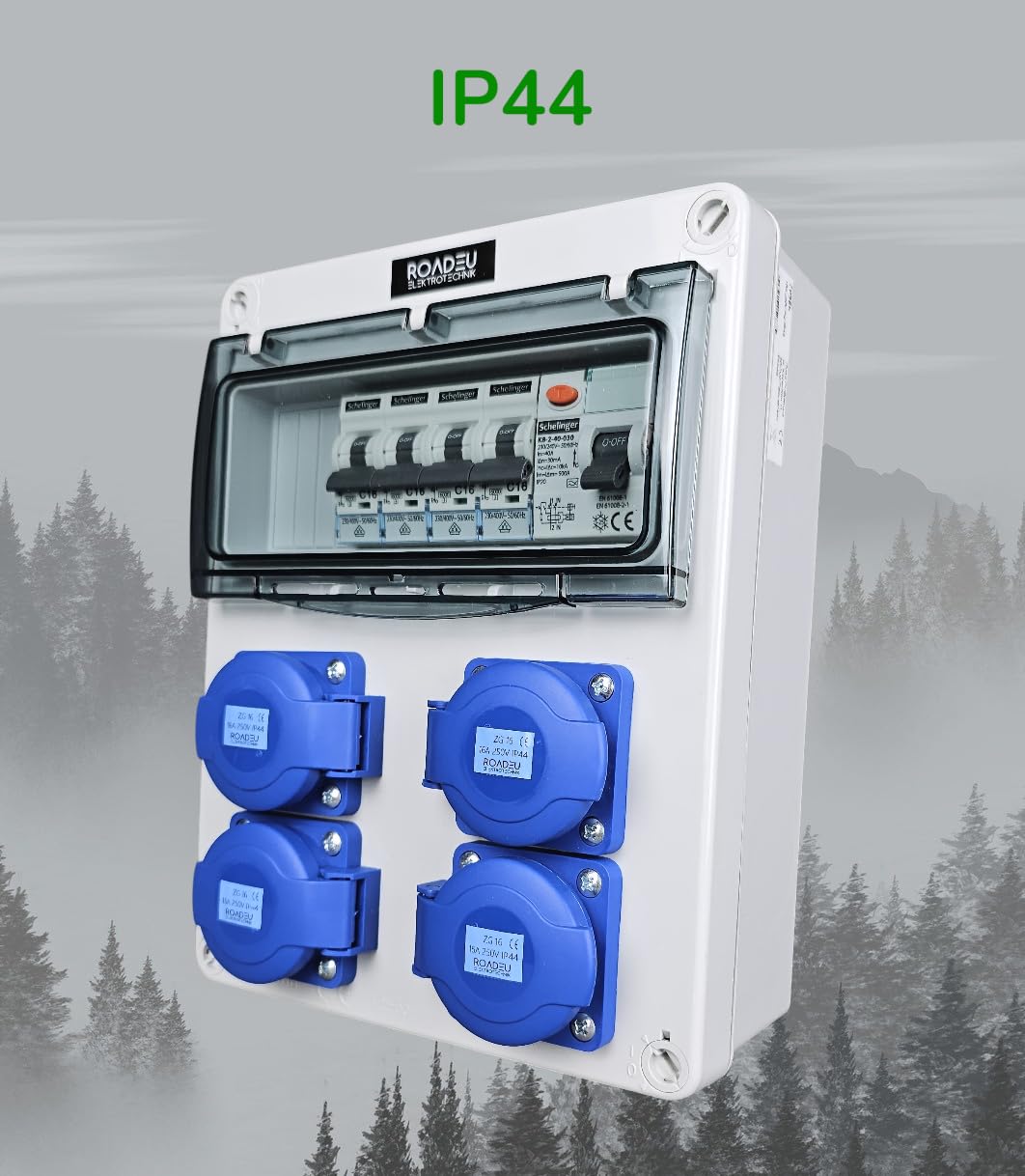 RoadEu Cuadro eléctrico 230V IP44 con diferencial y 4 tomas Schuko | 4 magnetotérmicos C16A VDE, cableado 2,5 mm², bornes N+PE, PG16, precableado