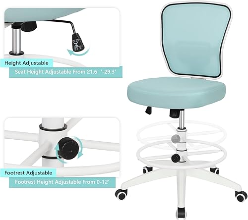 Vista 20 de Silla de dibujo, silla de oficina alta para escritorio de pie, taburete de dibujo con soporte lumbar, altura ajustable y anillo para el pie