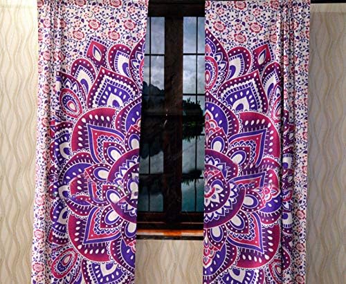 GDONLINE Ombre Mandala Cotton Window Curtain Door Curtain Wall Drape Handmade Wall Panel Window Treatments Voilet Shree Room Divider Balcony Wall Valances Twin Curtain Set
