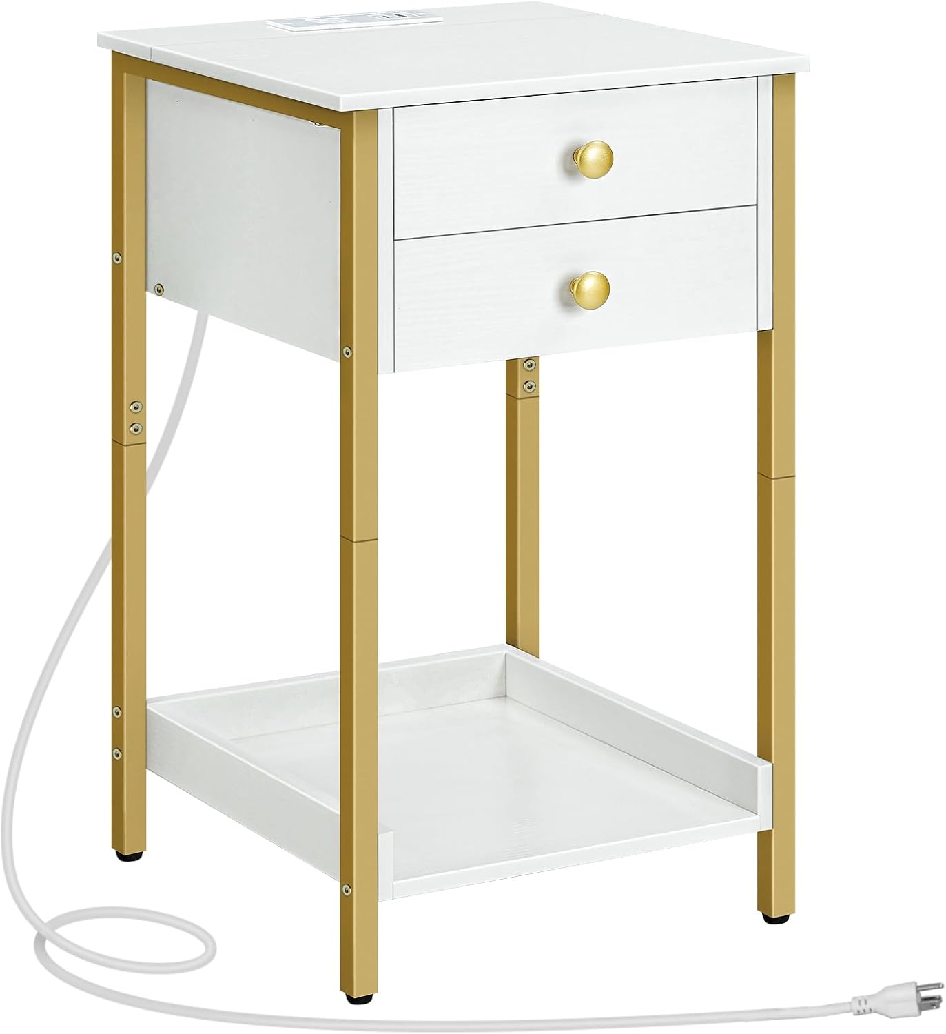 HOOBRO End Table with Charging Station, Tall Nightstand with Storage Drawer, Small Side Table with Gold Frame, 26.2 Inch Telephone Entryway Table for Bedroom, Hallway White and Gold DW72UBZ01