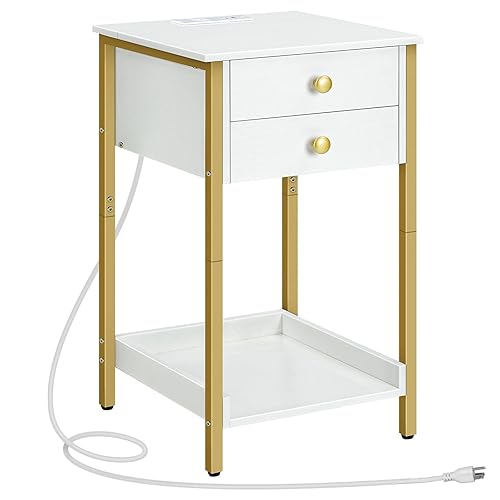 End Table with Charging Station, Tall Nightstand with Storage Drawer,