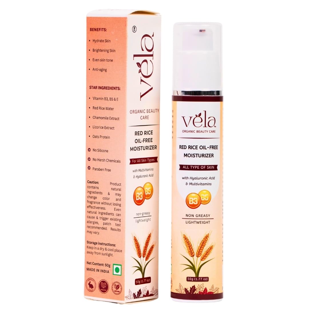Vela Organic’s Red Rice Water Korean Oil-Free Moisturizer | with 5 Ceramides, 3% Niacinamide, Squalane, 1% Hyaluronic Acid | Promote Glassy Skin | Deeply Hydrate Skin| Non-Greasy & Lightweight | For All Skin Types | 50g