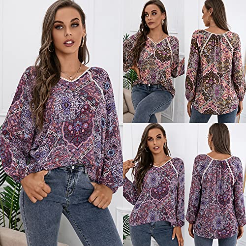 Domary Moda feminina estampa blusa com decote em V manga comprida emenda de renda solta camisa boêmi