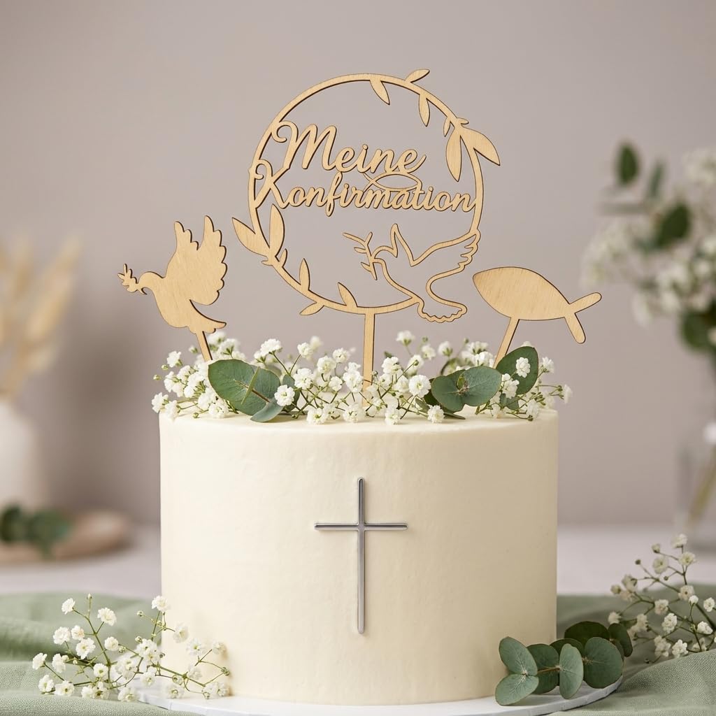 3Stück Tortendeko Kommunion Tortendeko,Cake Topper Kommunion Deko Torte, Konfirmation Holz Erstkommunion Deko,Torten Taube Fisch Kuchen,Tortenstecker Set,Tortenaufleger Geschenke für Junge Mädchen (B)
