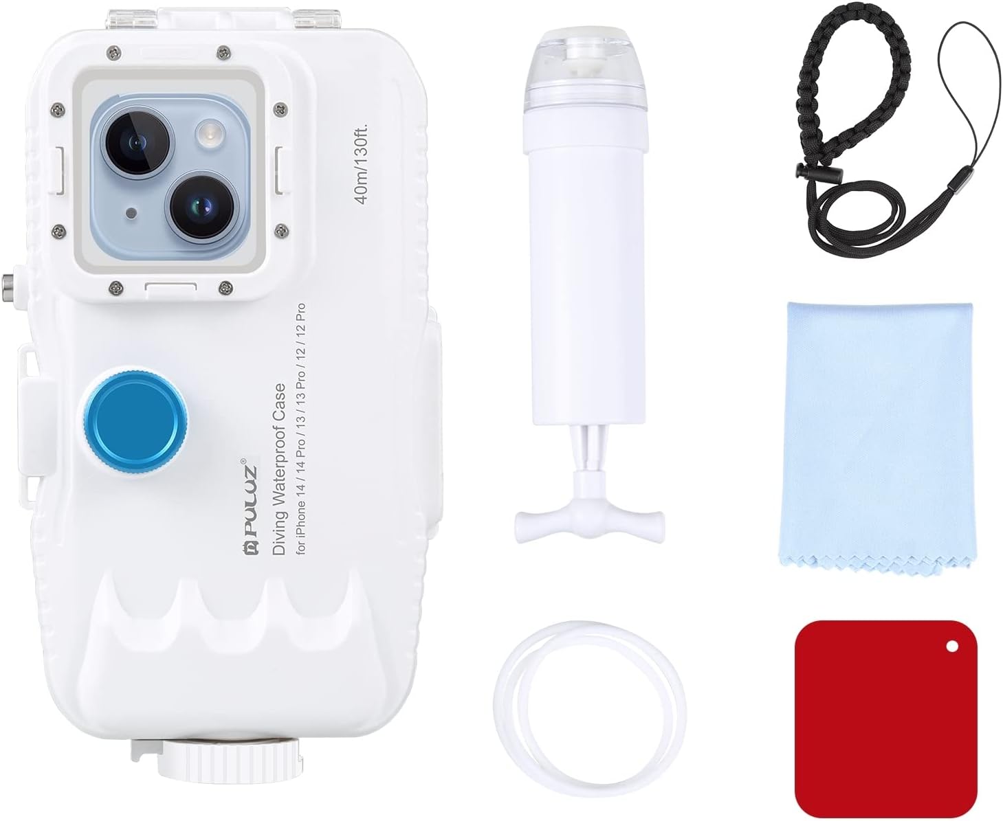 Contents of the PULUZ Diving Case package, including the case, manual pump, lanyard, red filter, cleaning cloth, and O-ring seal.