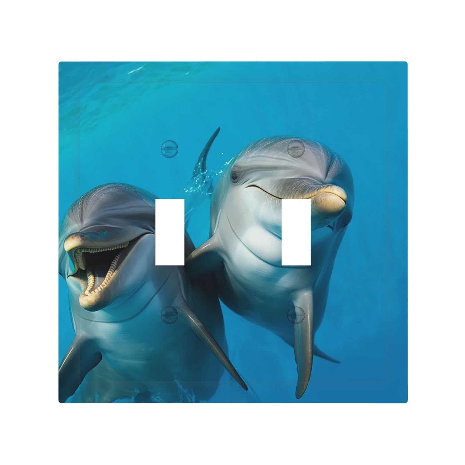 Kloph White Decorator Double Toggle Light Switch Covers Smiling Face Dolphins Wall Plate 2-Gang Mid Size 5" X 4.9" Double Toggle Switch Wallplate Decorative 2 Gang Wall Switch Plate Covers