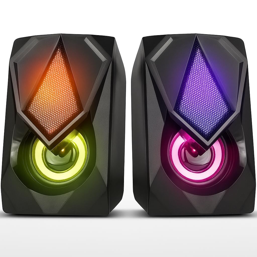 VRJTEC Computer Speaker Multimedia Sound Bass Speakers with Colourful LED Modes System for PC Laptop (Black)