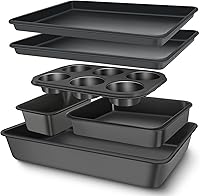 AIVIKI 6-Piece Nonstick Carbon Steel Bakeware Set: Cookie Sheets, Roaster, Square, Loaf & Muffin Pans - Oven Safe to 450°F, Stackable