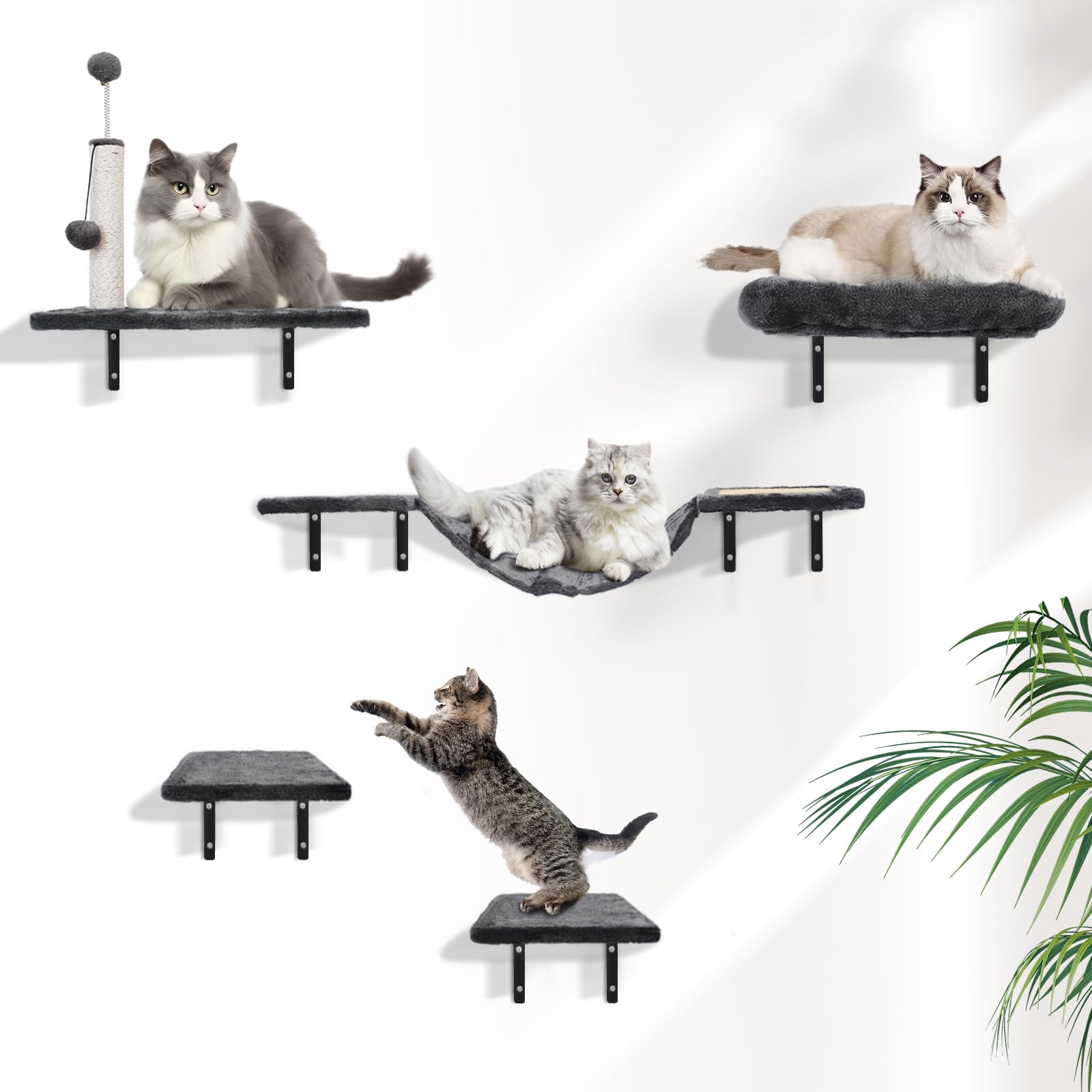 GOQELK Juego de pared de escalada para gatos, 6 estanterías de pared, parque de pared con salón para gatos, puente para gatos, árbol para gatos, escalera para gatos y tabla para rascar hasta 13 kg,