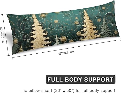 Miniatura 2 de Funda de almohada corporal con estampado de árbol de Navidad dorado y verde, funda de almohada larga decorativa de 20 x 54 pulgadas para decoración