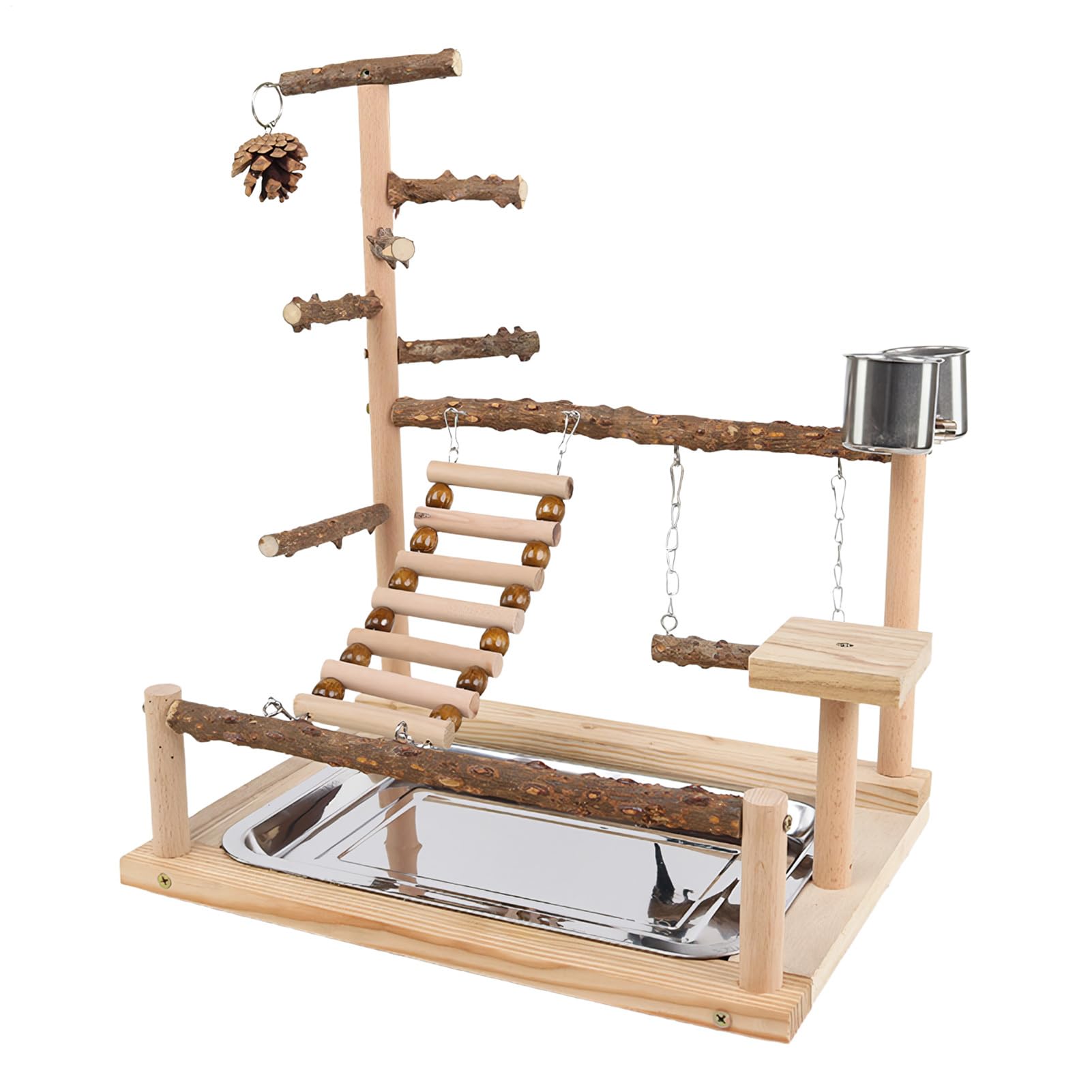 Parque de Juegos para Aves Juguete Trepador en Madera | para Periquitos con Taza y Bandeja de Acero Inoxidable para Cacatúa Ninfa, Pinzón, Agapornis en Masticación, Entrenamiento,
