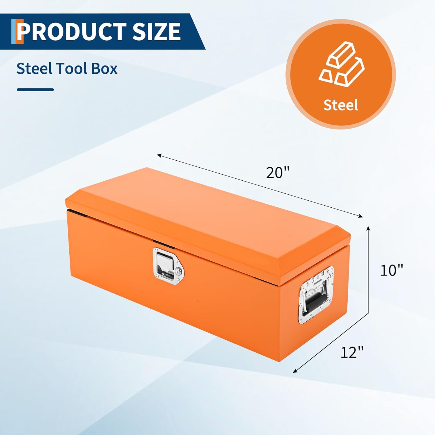 Heavy Duty Steel Truck Bed Tool Box, Powder-Coated Diamond Plate Storage Chest with Side Handle & Lock, Durable Metal Toolbox Organizer for Pickup, RV, Trailer, Mechanic or Workshop - 20X12X10 in