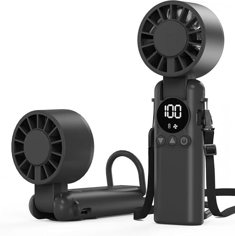 Portable Handheld Fan, 5000mAh Rechargeable Mini Personal USB Fan with LED Display & Foldable Design, 199-Speed Powerful Battery Operated Travel Fan for Women, Outdoor, Office Black