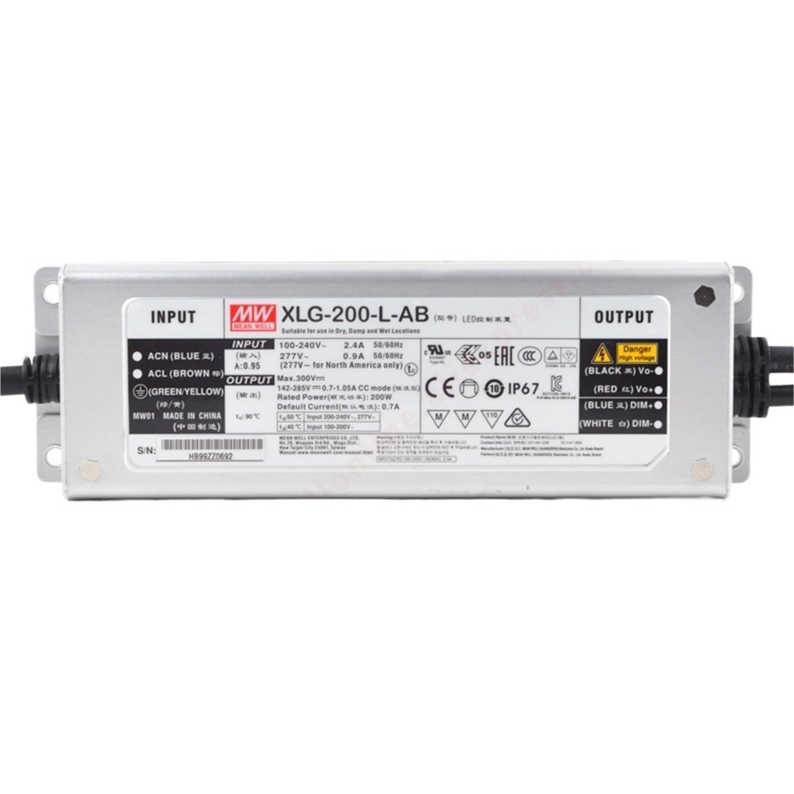 FCARUMIQP XLG-200-L-AB IP67 Metal Case 3 in 1 Dimming Lighting 142-285V/700-1050mA/200W Constant Power LED Driver