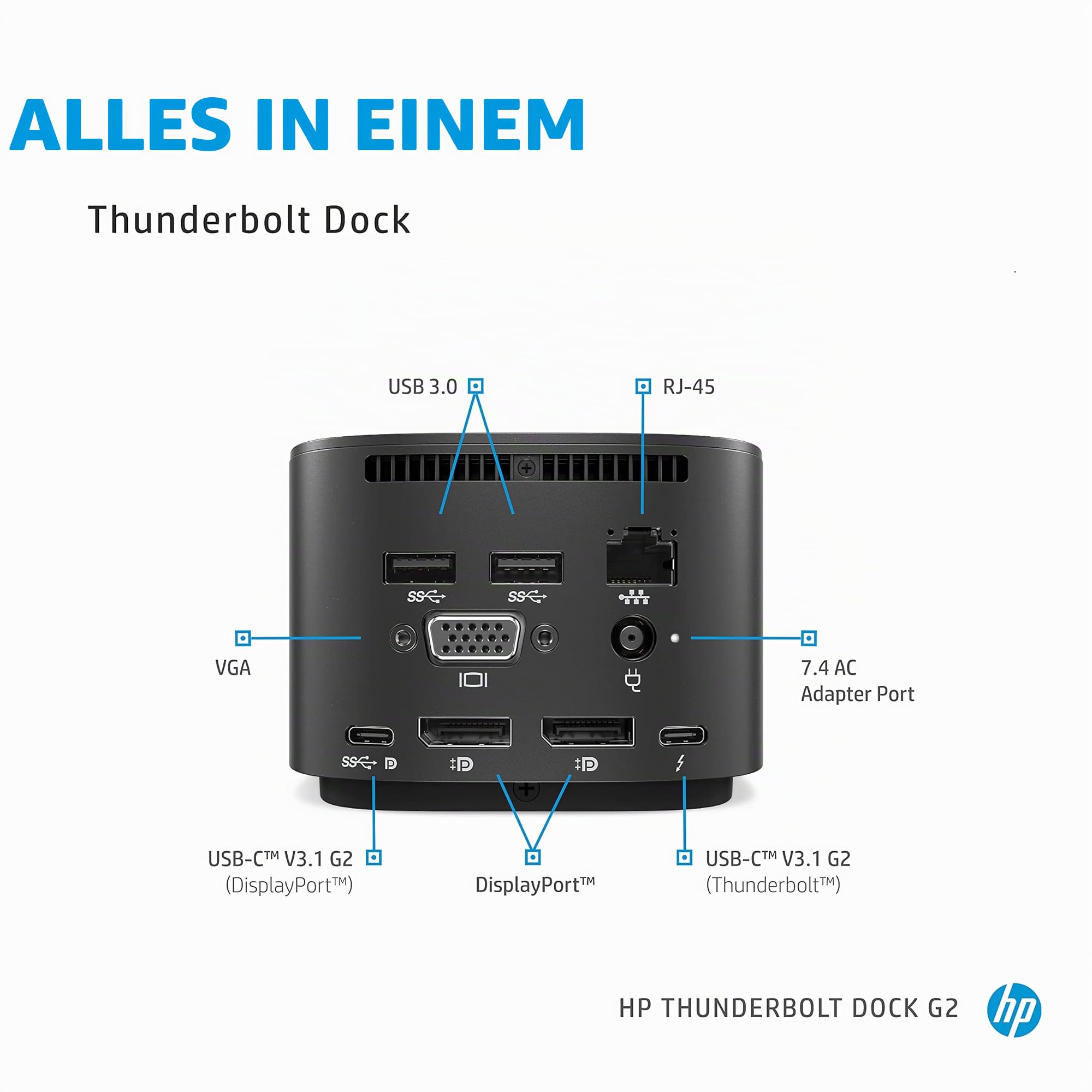 HP Thunderbolt Dock G2 (2UK37AA#ABA) Dockingstation Port Replicator (Zertifiziert generalüberholt)