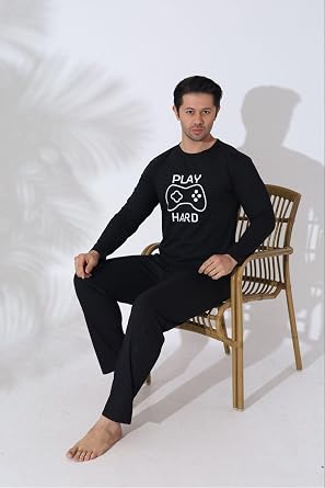 Siyah Uzun Kollu Pijama Takımı, erkekuzunkol
