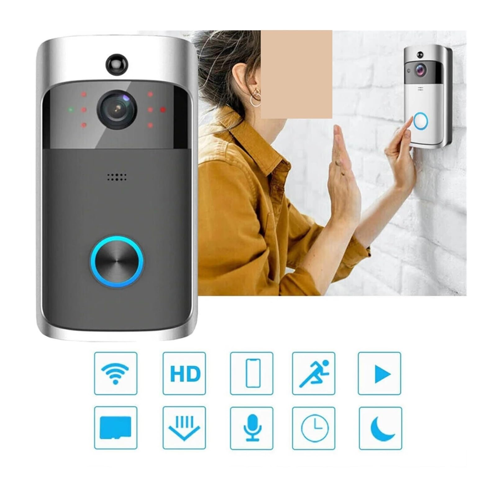 Videocitofono Wi-Fi HD Smart Home Wireless APP Campanello Telecamera di sicurezza Visione notturna IR Grandangolo(Sliver)