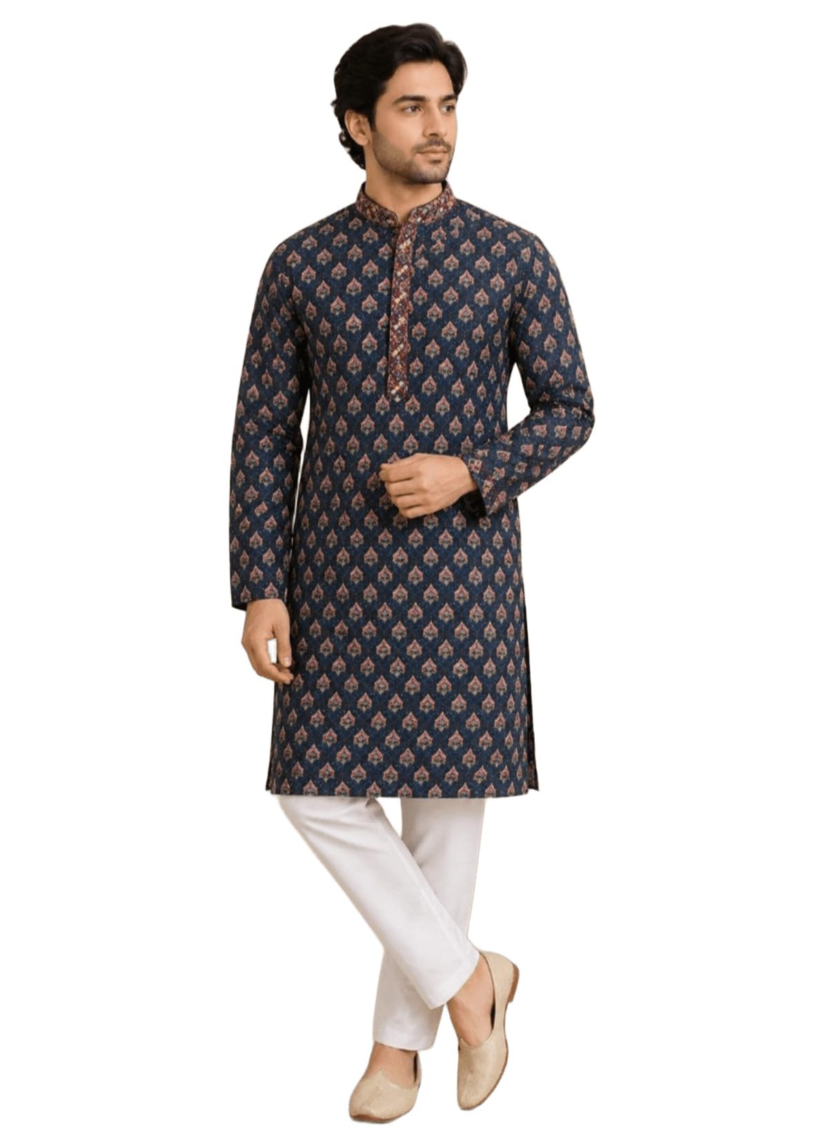 tattva Men Navy Blue Geometric Design Sequined Jacquard Kurta with Pyjamas-picture-38