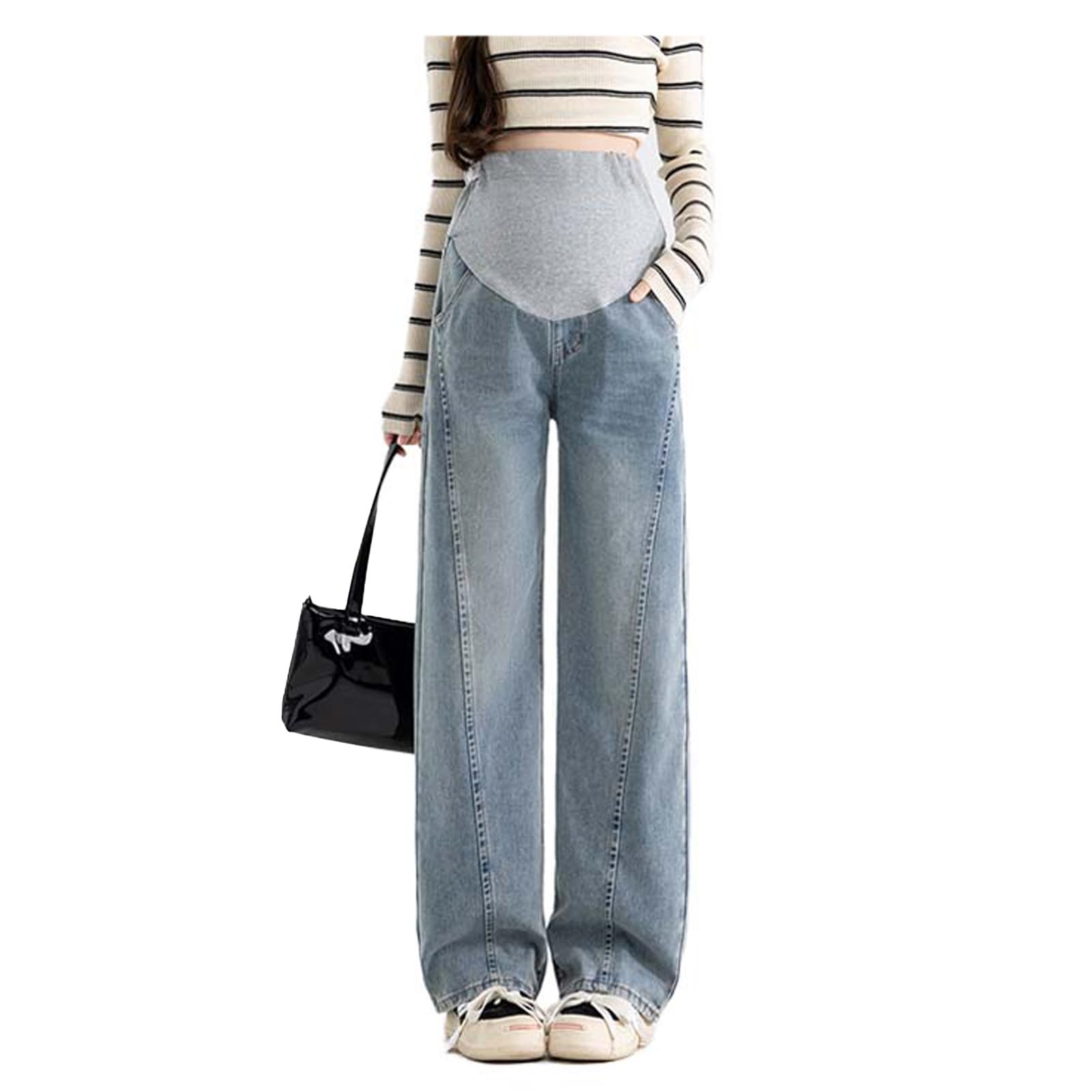 Pregnancy Jeans Before & After Birth: Slim Wide Leg, Loose Fit, Soft Denim with Adjustable Strap - For Women Under 170 cm, with Practical Pockets