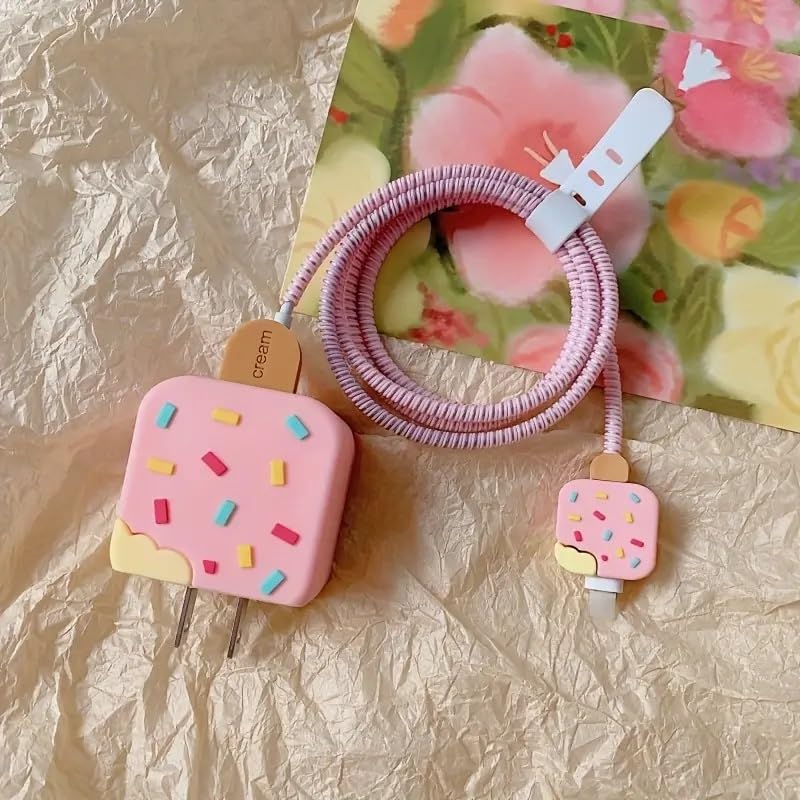 Image of Silicone Protective Case for Apple 20W & 18W iPhone USB-C Power Adapter Charger and for USB Lightning Cable, 3D Cartoon Case for iPhone Charger 18W /20W Only (Pink Icecream)