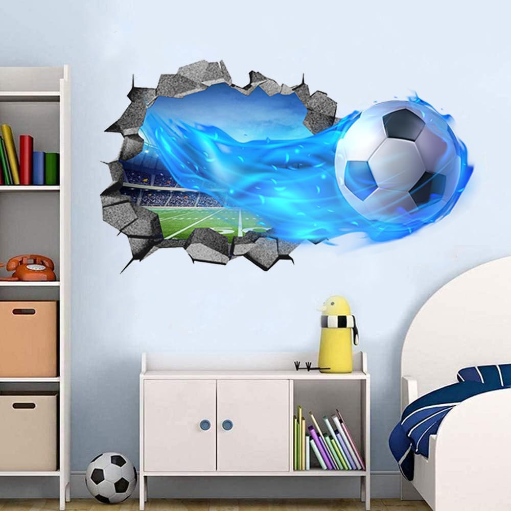 3D Soccer Wall Stickers Removable Soccer Wall Decals for Boys Break Through The Wall Vinyl Football Soccer Wall Stickers Murals Vinyls Decals for Teenager Room Playroom Decor (T0206)