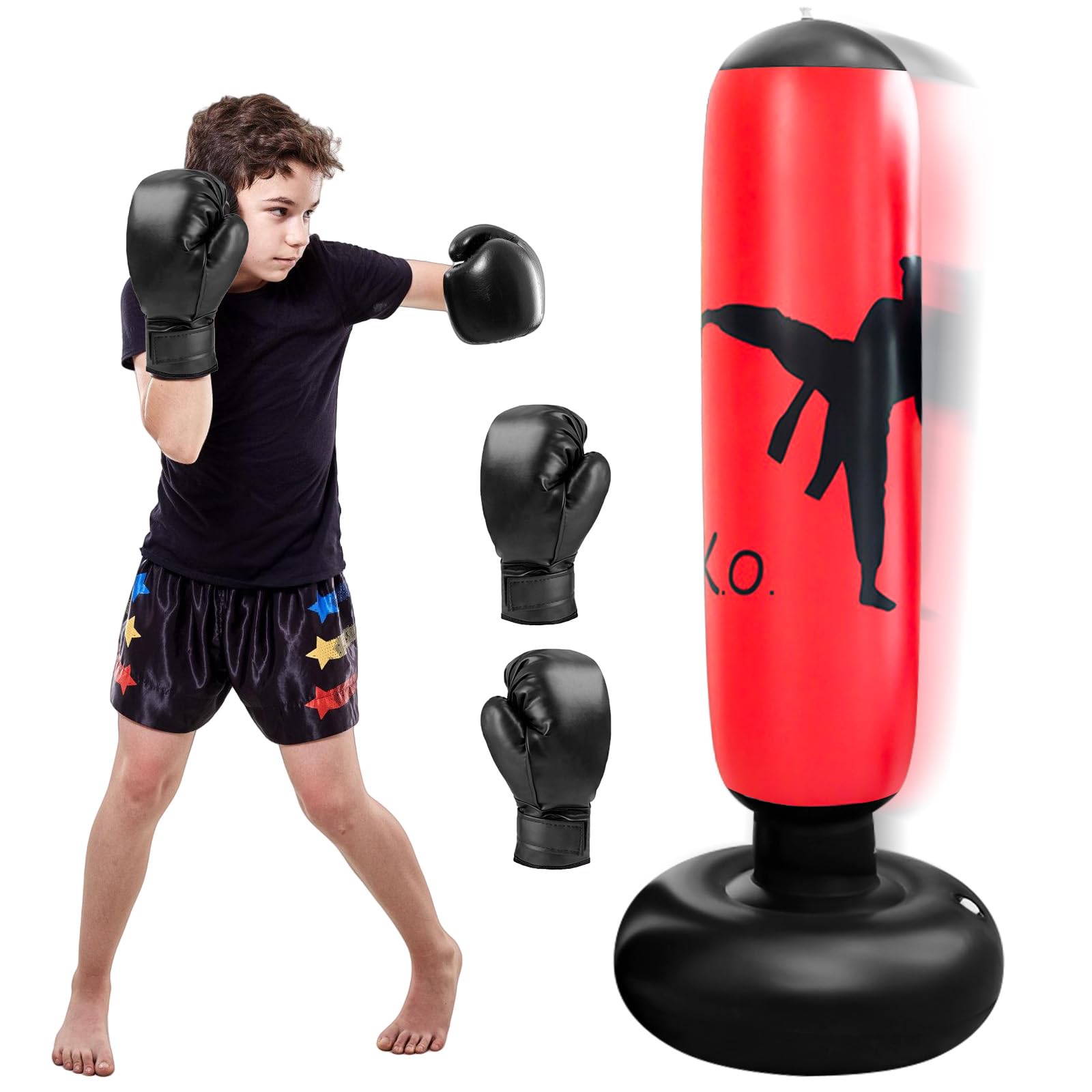 Sacco da boxe per bambini, 160 cm, per bambini, in piedi, con guantoni da boxe, gonfiabile, per interni, esterni, palestra, dai 3 ai 12 anni, per ragazzi e ragazze, colore rosso