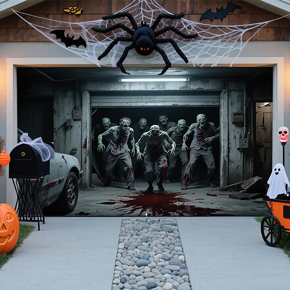 ZFFLYH Halloween Garage Door Decorations Halloween Hanging Banner Backdrop Horror Wall Decor Party Photo Backgrounds for Outdoor Window Yard,Zombie,13 * 6FT