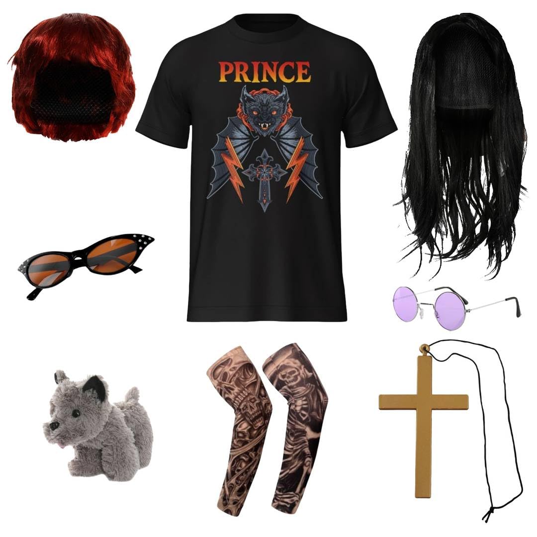 Adults Osbourne Couples Costume - Small - Black Graphic T-Shirt, Black Wig, Round Glasses, Gold Cross, Tattoo Sleeves, Red Wig, Sunglasses, Toy Dog - Adults Music TV Celebrity Fancy Dress Costume