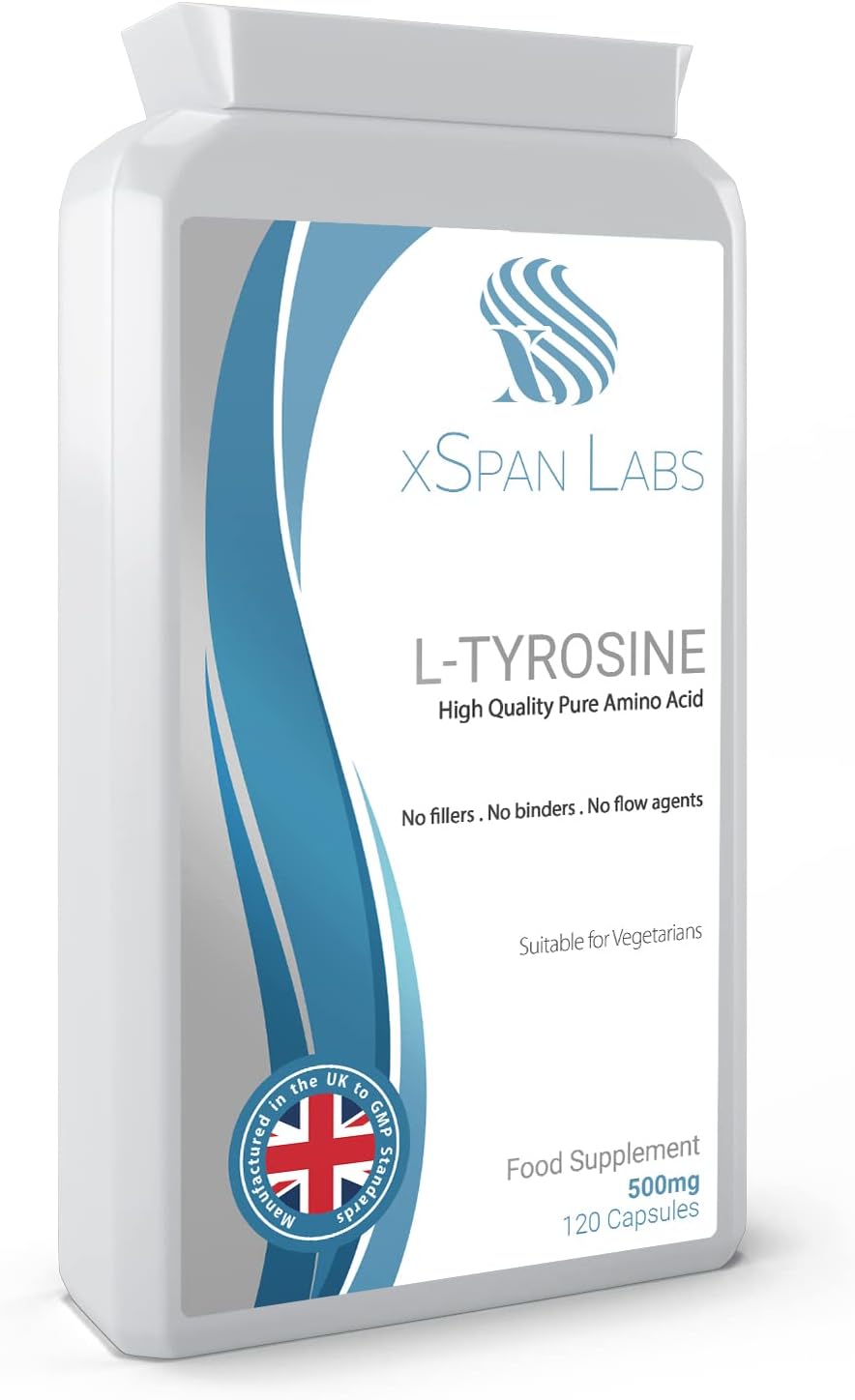 L-Tyrosine 500mg 120 Capsules – Pure Amino Acid with No Fillers, No Binders or Flow Agents – Nutritional Supplement Suitable for Vegetarians – Made in The UK