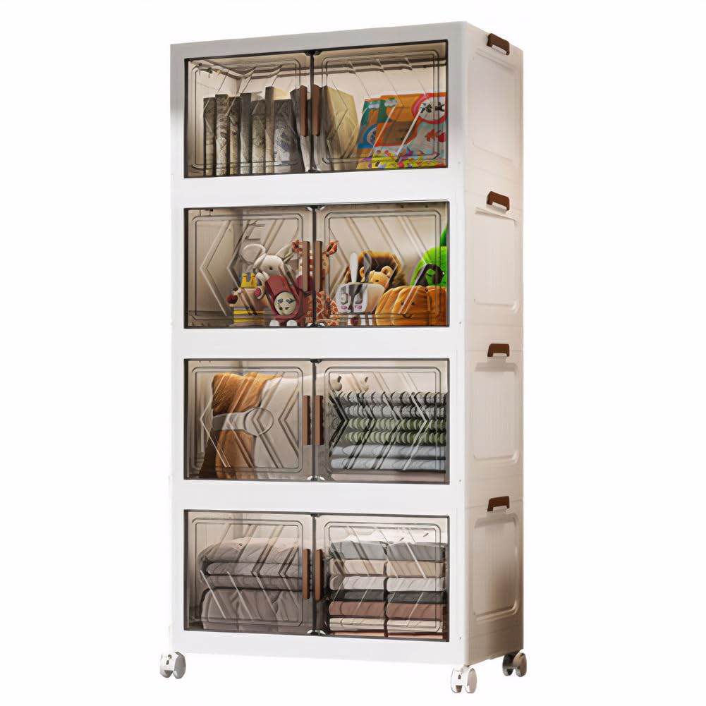 ETOYA 4-Tier Stackable Storage Bins with Lids, 23QT Stackable Closet Organizers and Storage with Wheels and Magnetic Doors, Foldable Plastic Storage Containers for Seasonal Clothes, Toys, Tools Transparent