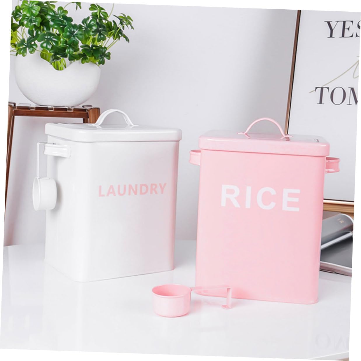 Lurrose Iron Pet Food Storage Bucket with Measuring Cup, Moisture-proof Sealed Dog and Cat Food Container, Large Capacity Pink Rice Storage Bin for Kitchen and Pet Supplies
