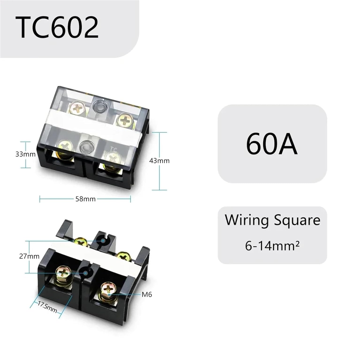 1Piece TC High Current Barrier Screw Terminal Block TC60 Series Wire Connector 600V 60A 602/3/4/5 Positions Connector(TC602)
