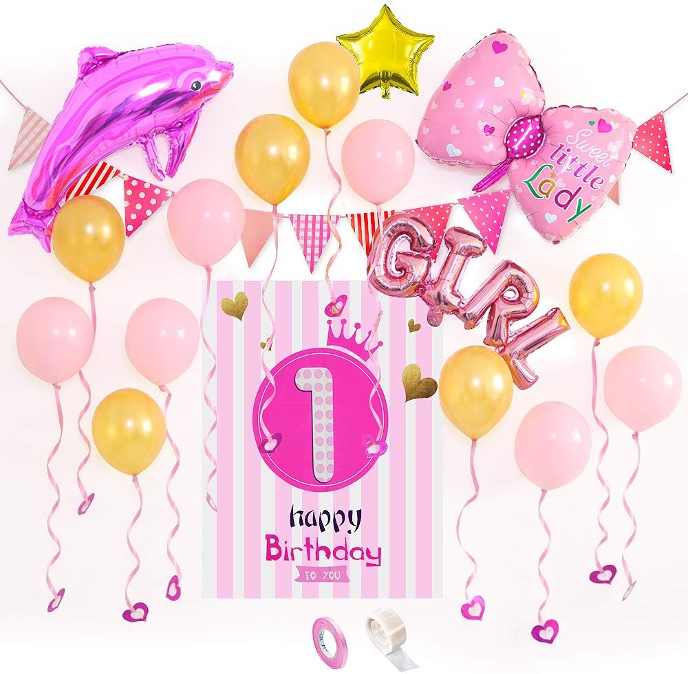 Baby Girl First Birthday Decorations - 1st Birthday Girl Decorations Pink and Gold Party Supplies with DIY Poster, Banner, Foil Latex Balloons Baby Shower Party Decoration Kit
