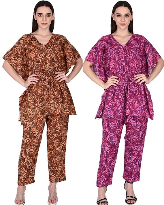 Women’s 2-Pack Cotton Printed Kaftan Top & Pyjama Nightwear Set — Free Size | Soft Breathable Lounge & Sleepwear | One-Side Pocket | Comfortable Homewear-image-37