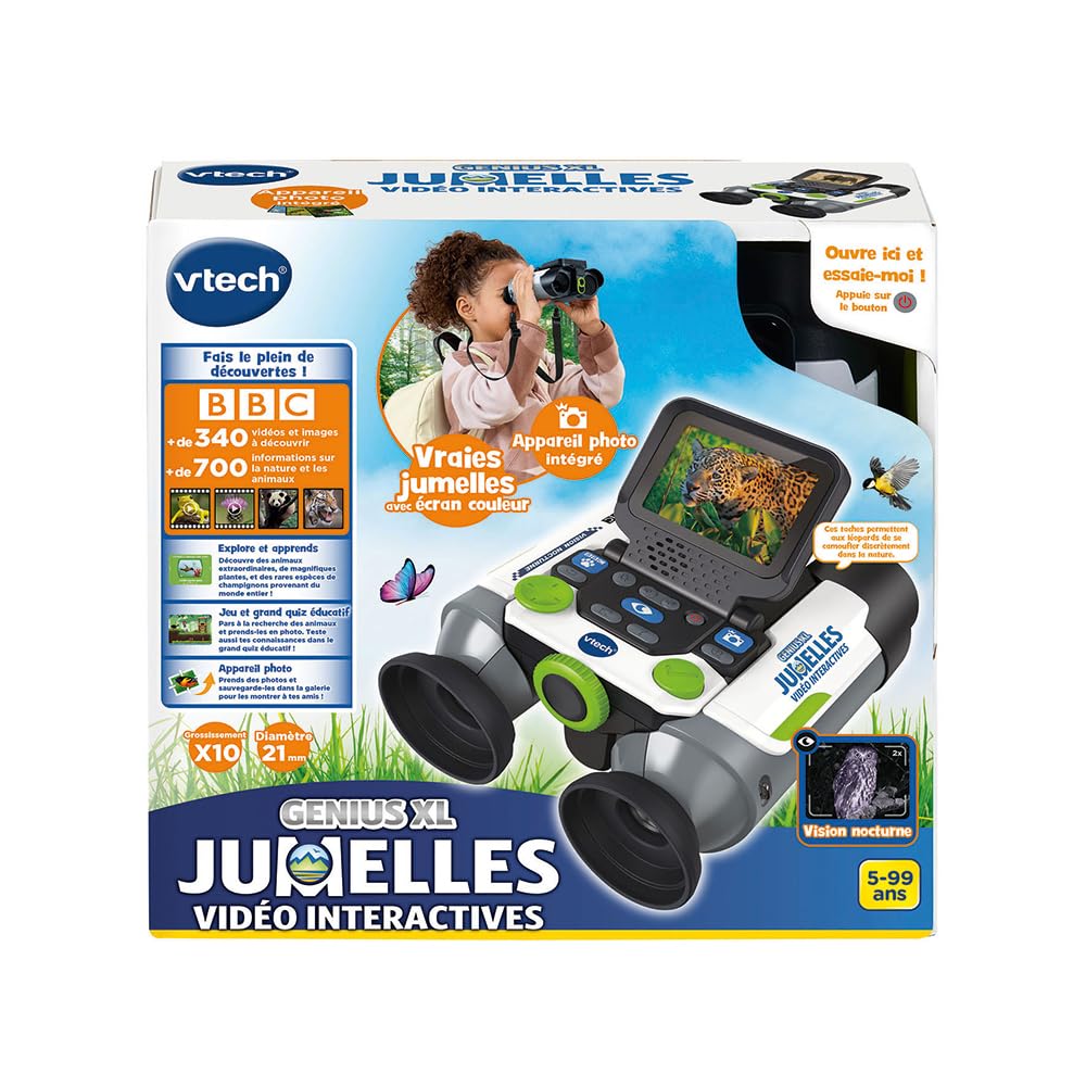 VTech - Genius XL Binocolo video interattivo, Binocolo per bambini 10x21 con schermo a colori, foto e video della BBC, giocattolo educativo scientifico, regalo per bambini dai 5 anni - Contenuto in