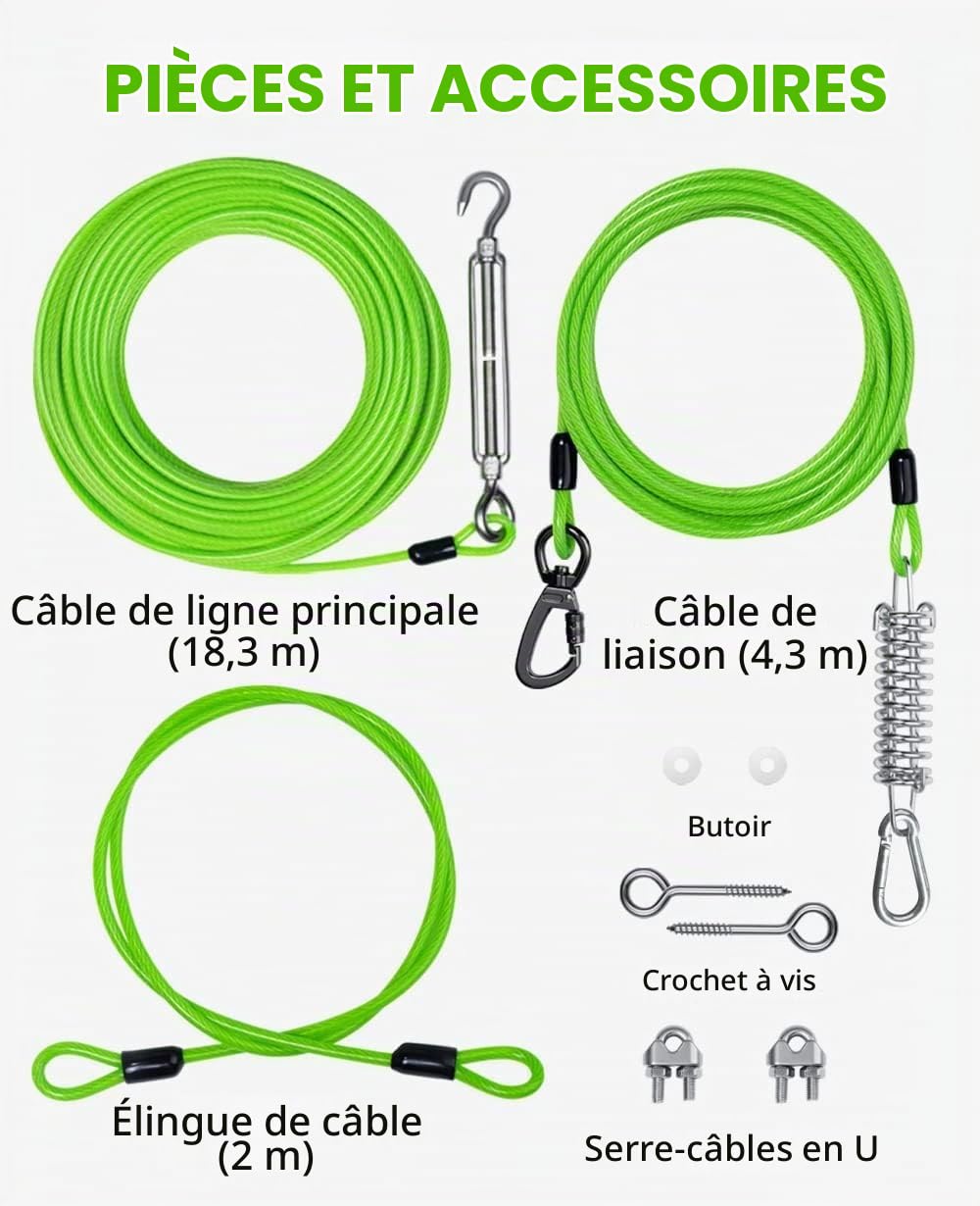 Câble d'attache robuste de 18,3 m - Système de chariot pour chiens de taille moyenne et camping - Grand câble de course pour chiens pesant jusqu'à 113,4 kg