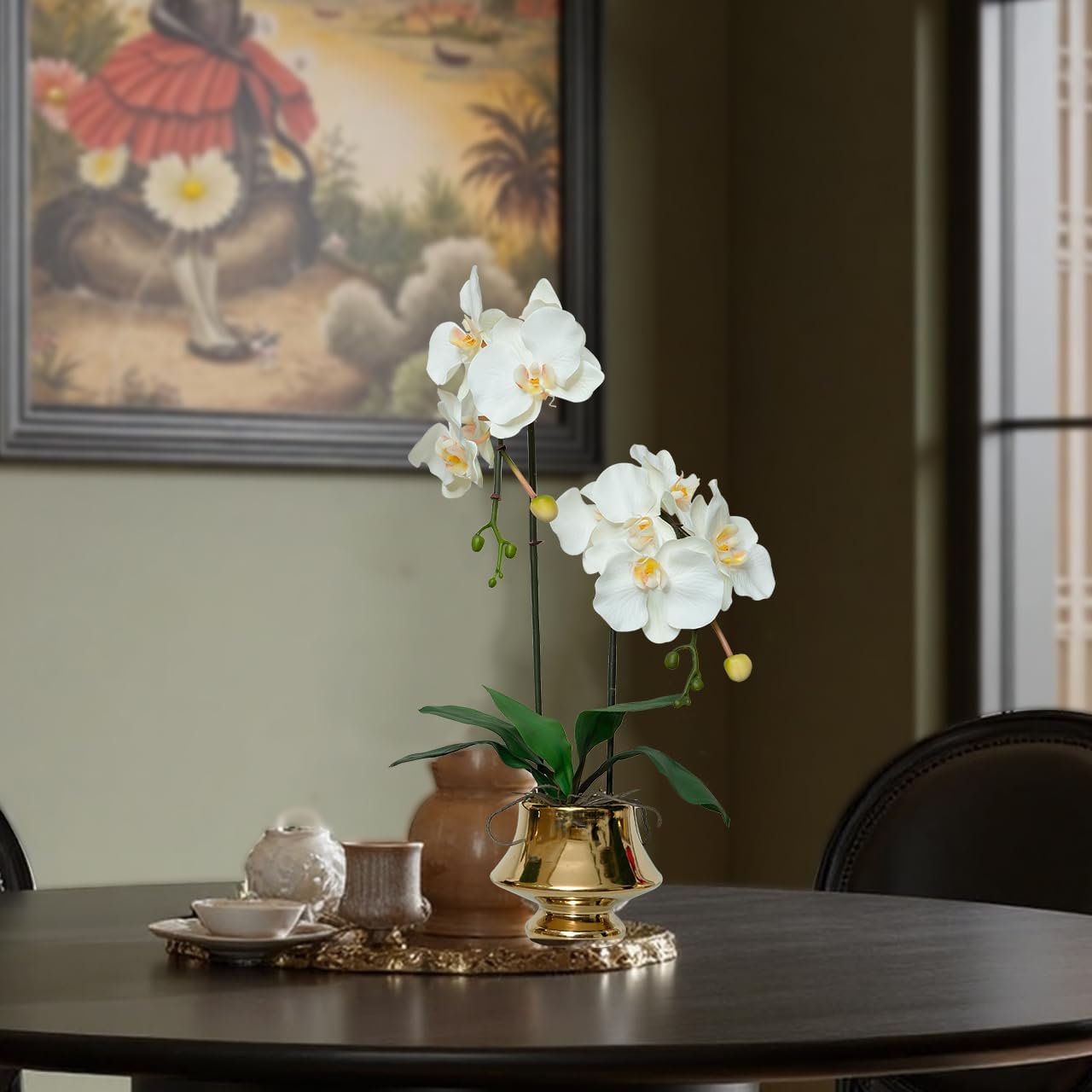 CXGS Orchids Artificial Flowers Realistic Fake Flowers in Ceramic Vase 20" White Faux Plants Indoor Lifelike Soft PU Phalaenopsis for Centerpiece Hotel Home Decor - Image 2